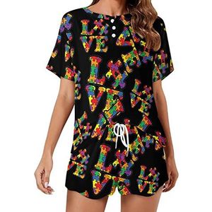 Liefde Autisme Bewustzijn Puzzel Zachte Womens Pyjama Korte Mouw Pyjama Loungewear met Zakken Gift voor Thuis Strand 5XL