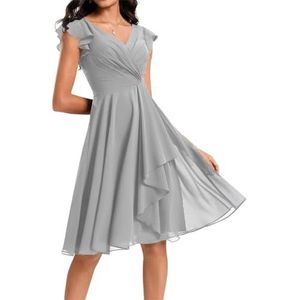 Korte bruidsmeisjesjurk voor dames, chiffon, V-hals, cocktailjurk, zakken, Zilver, 32