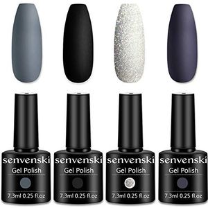Senvenski Grijs Zwart Gel Nagellak, Wit Glitter Donker Paars Houtskool Zinn Schellak Manicure UV LED Nail Art Lak Set Kit (CS010)