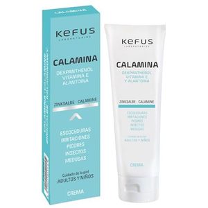 Kefus Calamine Cream with Dexpanthenol, Allantoin, and Vitamin E. Astringent, absorbent, and protective for the skin. Prevents and improves rashes, relieves insect bites and jellyfish stings. 75 grams