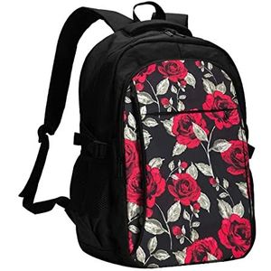 MORYEN Red Rose Garden Gedrukt Reizen Rugzak Laptop Rugzakken Zakelijke Werk Tas met USB Opladen Poort, Zwart, One Size