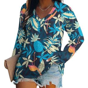 Stijlvolle tropische flamingo ananas dames V-hals shirt lange mouwen tops casual losse pasvorm blouses