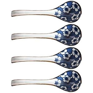 schep Japanse stijl Long Handle Spoon Household Keramische Lepel Diner Lepel met Blauw Patroon Creative tafelgerei bestand tegen hoge temperaturen Non-fading 4 Pack soeplepel(Color:A)