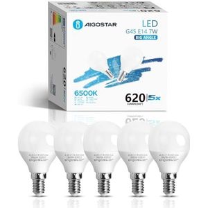 Aigostar E14 G45 Ledlampen, 7W Schroeflamp, Koel Wit 6500K, 620lm, AC 220-240V, Geschikt Voor Binnenverlichting Zoals Kroonluchters, Hanglampen, Wandlamp, Bureaulamp, Niet Dimbaar, Set van 5