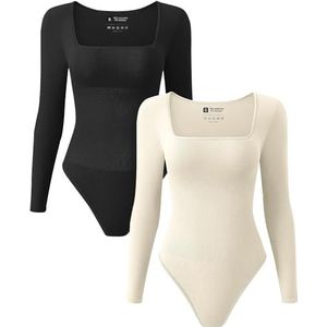 Sexy 2-delige bodysuit voor dames, geribbelde tops met vierkante halslijn en lange mouwen met buikcontrole, bodyshaper voor vrouwen-Blackbeige-S