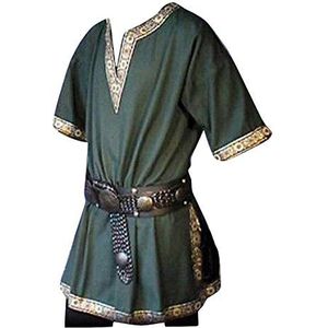 Middeleeuws overhemd met korte mouwen voor heren, tuniek, middeleeuws, shirt met V-hals, zonder riem, Groen, L