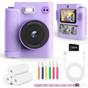 Euakee Kids Instant Camera, 1080P HD digitale camera voor kinderen met 2,4-inch scherm en 32GB geheugenkaart, instant camera voor kinderen, cadeau voor jongens en meisjes van 3-12 jaar (paars)