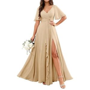 KURFACE Chiffon bruidsmeisjesjurken met mouwen split ruches lange bruidsmeisje formele avondjurk, Champagne, 32