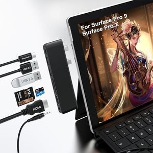 Surface Pro 9 Hub Docking Station met 4K HDMI, USB C Thunderbolt 4 (8K @30Hz Video+40G Data+100W PD), 2 USB 3.0, SD/TF-kaartlezer, 3,5 mm audio, Triple-Display voor Microsoft Surface Pro 9