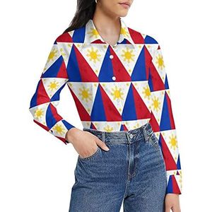 Retro Filippijnen vlag damesshirt lange mouwen button down blouse casual werk shirts tops L