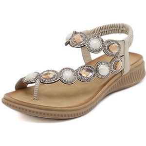 Dames Clip-Toe Sandalen 2024 Nieuwe Toe Separator Sandalen Mode Strass Slippers Retro Romeinse Sandalen Lichtgewicht Comfortabel PU-leer Strandschoenen(Beige,41 EU)