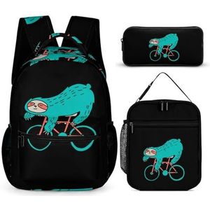 Blauwe luiaard rijdt een fiets print rugzak set reizen laptop rugzak met lunchtas en potlood tas