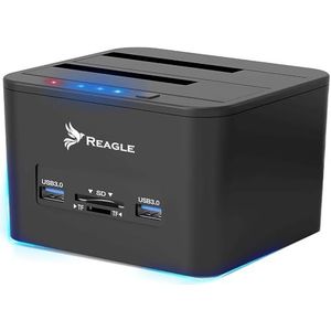 Reagle Dual Bay Docking Station voor HDD/SSD, 32TB ondersteuning, USB 3.2 Gen 1, kaartlezer, offline klonen, compatibel met Windows/Mac