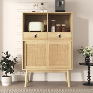 YuQozii 80 x 39,5 x 120 cm groot prachtig dressoir, echte gevlochten rotan deur toont een natuurlijke stijl, dubbele laden, dubbele deuren en dubbele vakken, 28 cm tafelpoten zijn stabiel