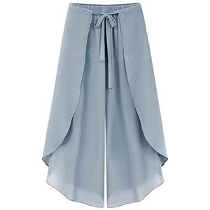 Wijde Broek Dames,Dames Chiffon Wijde Pijpen Broek Effen Trekkoord Half Elastische Taille Palazzo Broek Elegante Zwierige Gebogen Culottes Broek Mode Lichtgewicht Luchtige Cropped Broek,Light Blue,M
