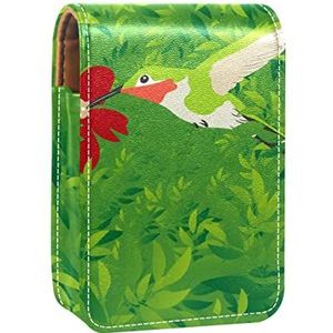 Draagbare Lipstick Case voor op reis, Mini Lipstick Opbergdoos met spiegel voor vrouwen dames, Lederen cosmetische etui Kolibrie Rode Bloem Groene Bladeren, Meerkleurig, 9.5x2x7 cm/3.7x0.8x2.7 in