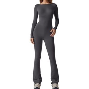 Flare jumpsuits voor dames, sexy jumpsuit met lange mouwen en open rug, volledige lengte romper playsuit(Gray,Large)