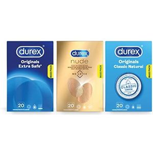 Durex - 60 stuks Condooms - Extra Safe 1x20 stuks - Nude No Latex 1x20 stuks - Classic Natural 1x20 stuks - Voordeelverpakking