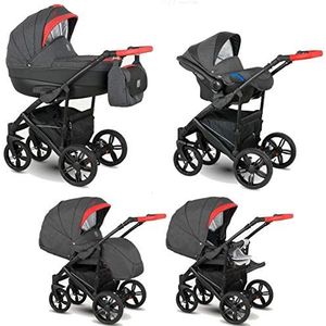 Lux4Kids Kinderwagen 2in1 3in1 Isofix Autostoeltje 12 Kleuren Gratis Accessoires Leo Zwart Antraciet BA-7 3in1 met Babyzitje