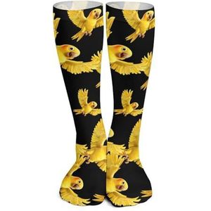 Gele Indiase Ringneck Papegaai Vogel Knie Hoge Sokken Print Lange Kousen Buis Sokken Over De Knie Sokken Casual Strakke Hoge Kousen Boot 40Cm