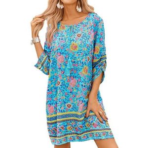 CCAIPU Zomerjurk voor dames, Boheemse vrijetijdsjurk, bloemenpatroon, 3/4-mouwen, tuniekjurk, korte top, vintage tuniekjurk, blauw, XL