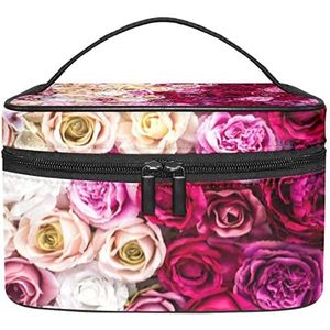 Roze rozen patroon make-up organizer tas, reismake-up tas organizer case draagbare cosmetische tas voor vrouwen en meisjes toiletartikelen, Meerkleurig, 22.5x15x13.8cm/8.9x5.9x5.4in