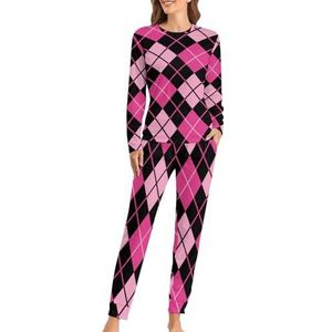 Zwart en roze Argyle zachte damespyjama met lange mouwen, warme pasvorm, loungewear sets met zakken, XS