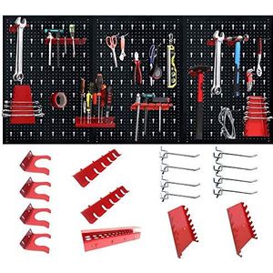 Froadp 120x60x2cm Geperforeerd Metalen Gereedschapsbord met 17-Delige Haakset Werkplaats Legbord Gereedschaphouder Gereedschapsbordenset voor Werkplaatsmagazijnen Wandplank (Zwart+Rood)