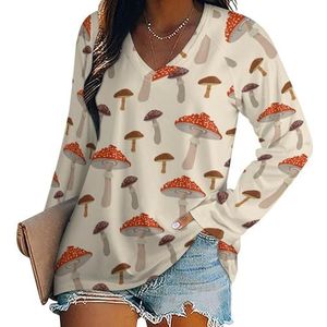 Mushroom vrouwen casual lange mouw T-shirts V-hals gedrukte grafische blouses Tee Tops 2XL