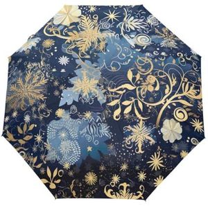 GAIREG Blauwe Gouden Kerst Sneeuwvlok Winddicht Auto Reizen Paraplu Compact Vouwen Paraplu