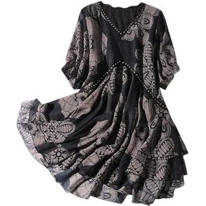 Dvbfufv Vintage bedrukte kanten patchwork jurk dames zomer losse korte mouwen V-hals pullover midi-jurk, Zwart, L