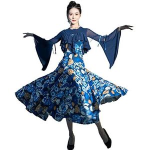 Yhsgscr Trompetmouwen Ballroom Grote A lijn rok Foxtrot Dansjurken met print Tango Performance Outfit voor Dames Waltz flamenco danskleding Zachte Elastiek,Blauw,L