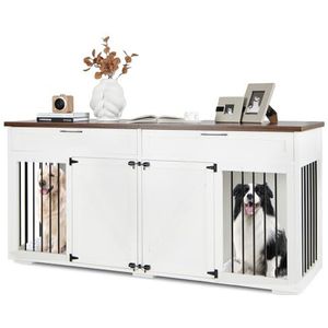 GOPLUS Hondenkooi, huisdierkooi, hondenbox voor binnen met afneembare ruimteverdeler, 2 afsluitbare deuren en 2 laden, modern hondenhok in meubelstijl voor middelgrote en grote honden (wit)