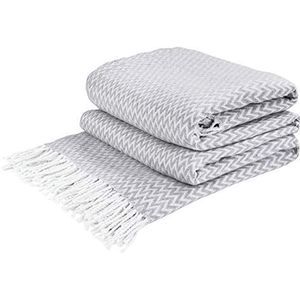 LYHome Deken Katoen - Plaid Katoenen voor op de Bank Sofa & Bed, Blanket met Franjes Zomer Winter en Lente, Dekens Zacht, Knuffeldeken Groot (140 x 200 cm | Lichtgrijs met Wit Chevron)