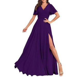 Chiffon bruidsmeisjesjurken voor dames, met split, lange baljurken, cocktailjurken, grote maten, Pruim, 32