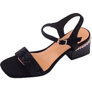 SDFGH Zomer Omgekeerde Fleece Dikke Medium Hak Vierkante Kop Met Sandalen Vrouwelijke Water Diamant Parel Hak Volledig Leer (Color : D, Size : 37)