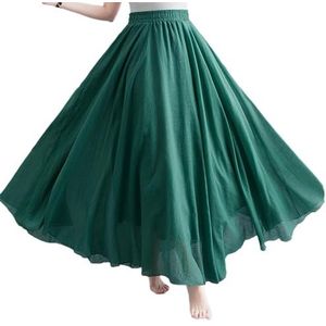 BEAUTYLAST Boheemse katoenen linnen rok voor dames, elastische taille, lange vloeiende casual maxi-rok voor zomer, strandvakantie, Donkergroen, 85CM-Length