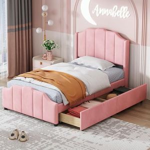 Aunvla Gestoffeerd bed, 90 x 200 cm, kinderbed, bedframe met 2 opbergladen met hoofdeinde, voeteneinde en lattenbodem, fluweel, gestoffeerd, tweepersoonsbed, tienerbed, logeerbed, roze