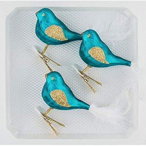 3-delige set glazen vogels in 'Ice Petrol Turquoise Gold' - kerstballen - kerstversiering kerstboomversiering