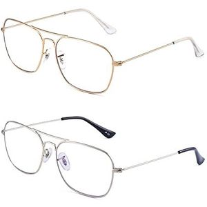 JM 2 stuks vliegeniersbrillen met vierkante leesbril voor dames en heren, anti-blauwe leesbril, licht, 2 stuks goud en zilver, Medium