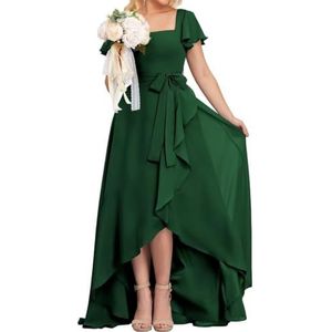 High-Low Prinses Bruidsmeisjesjurken Vierkante Hals Galajurk Chiffon Formele Avondfeestjurk met Mouwen, Emerald, 32