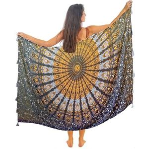 Mandala Life ART Blauwe sarong voor dames, pareo met franjes, hoogwaardig rayon/katoen, grote strandhanddoek, wikkelrok, strandrok, wandtapijt, wikkeldoek, bikini-bedekking, doek voor badpak, Black