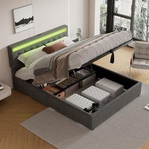 YuQozii 160 x 200 cm gevoerd bed, omgevingslicht, afstandsbediening met 24 toetsen, kan worden verhoogd en verlaagd, USB- en type C-stopcontact op bed, grote opbergruimte (grijs)