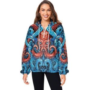 KAAVIYO Cartoon Octopus Abstracte Blauwe Pluizige Jas Trui Hoodie Hooded Zakken Fuzzy Fleece Sweatshirt Ronde hals Truien Hoodies voor Meisjes Vrouwen, Patroon, L