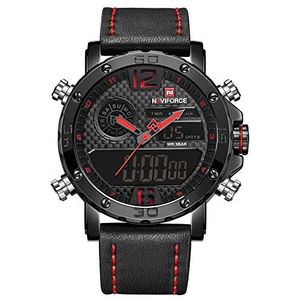 NAVIFORCE Analoge Digitale Horloge Mannen Sport Dual Display Horloges Waterdichte Chronograaf Back-Light Quartz Horloges, Rood, riem