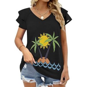 Karikatuur van palmboom op een klein eiland grafische blouse top voor vrouwen V-hals tuniek top korte mouw volant T-shirt grappig