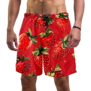 PAFEFO Zomer Aardbeien Patroon Rode Mannen Board Shorts, Sneldrogende Strand Zwemmen Sport Suits met Zakken, Zomer Aardbeien Patroon Rood, XL