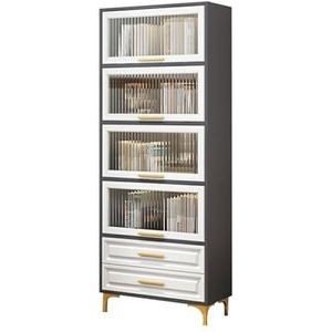 6 Tier Modern Boek Display, Dubbele Lade Boekenplank Opbergkast Tall Display kabinet met massief houten poten Kast voor thuiskantoor, woonkamer(Grå,80cm)