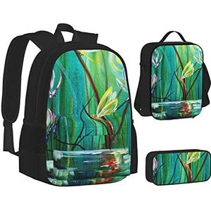 TRESILA Rugzak voor kinderen, jongens, meisjes, duurzame polyester schooltas, rugzak, boekentas met lunchtas en etui (3-in-1 rugzakset) /dansen met libellen, Dansen met libellen, Eén maat, Schooltas