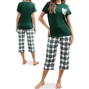 Reliwel Damespyjama met korte mouwen en geruite halflange broek, tweedelige pyjama, nachtkleding met zakken, maten S-XXL, Donkergroen, S